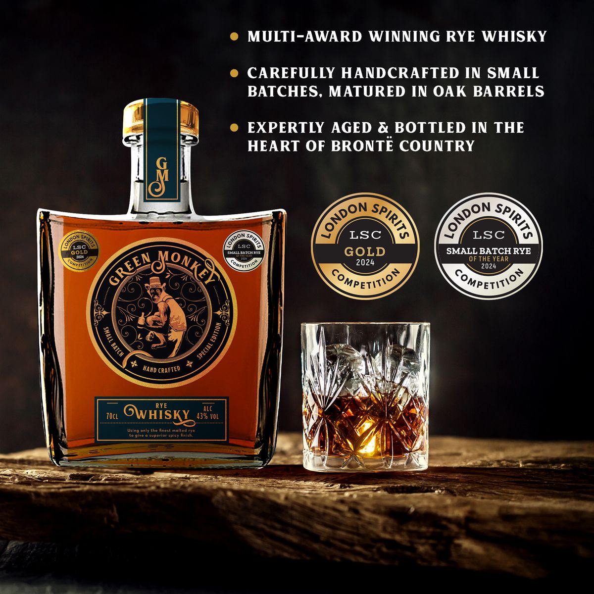 Green Monkey Rye Whisky bottle among rye grain