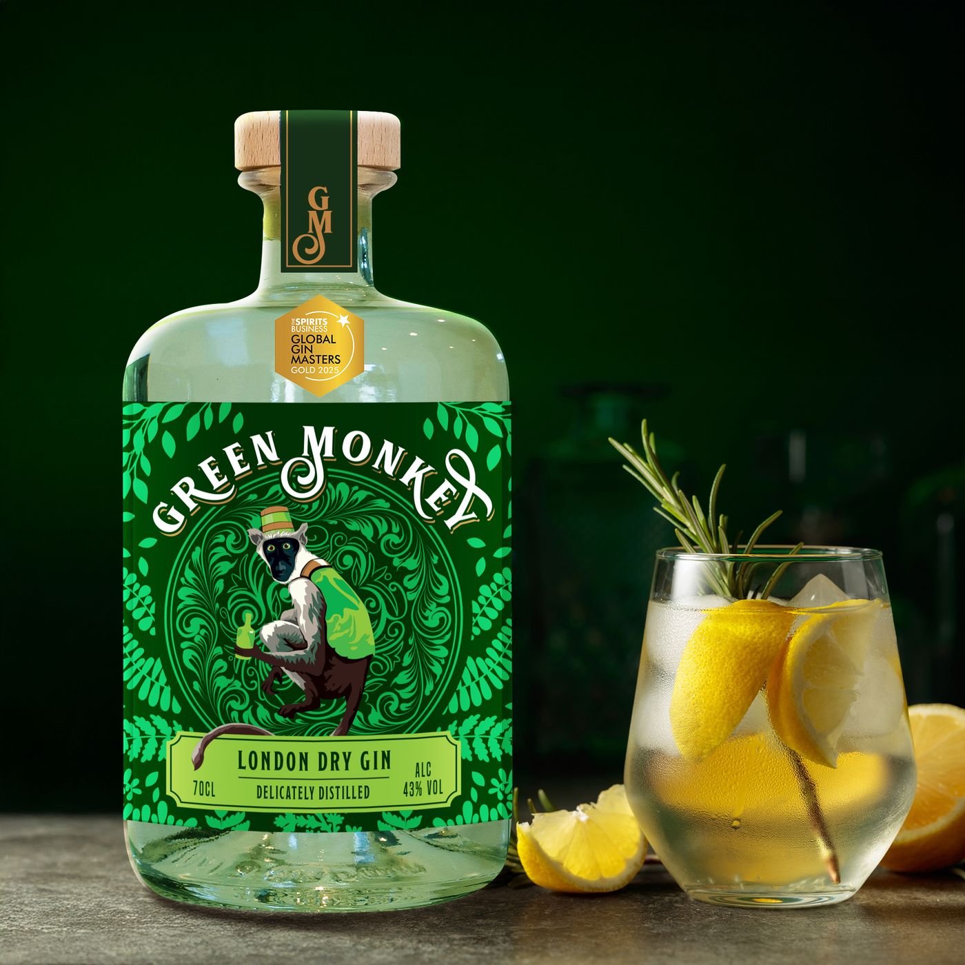 Green Monkey London Dry Gin with a garnished glass