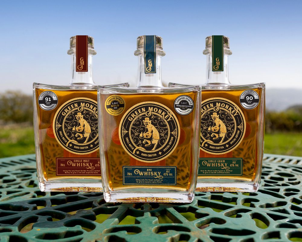 Green Monkey whisky bottles overlooking the Yorkshire moors